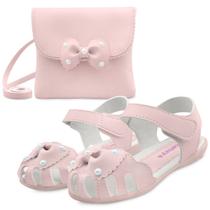 Kit Sandália Menina Infantil Feminina Rosa Com Bolsa Laço Pérolas Mzkid