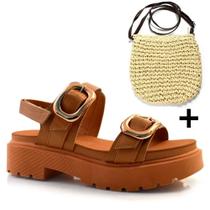 Kit Sandália Plataforma Flat Vizzano e Bolsa Palha Bege Tratorada Kit Sandália Plataforma Flat Vizzano e Bolsa Palha Bege Tratorada
