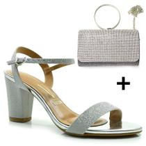 Kit Sandália Salto Bloco Prata Vizzano e Bolsa Cinza Festa Kit Sandália Salto Bloco Prata Vizzano e Bolsa Cinza Festa