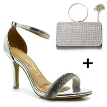 Kit Sandália Salto e Bolsa Cinza Vizzano Festa Casamento Kit Sandália Salto e Bolsa Cinza Vizzano Festa Casamento