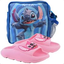 Kit Sandália Slide Kids Com Lancheira Stitch Feminino E Masculino Conforto Kit Sandália Slide Kids Com Lancheira Stitch Feminino E Masculino Conforto