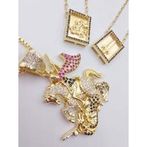 Kit são jorge - pingente cravejado de são jorge + escapulário de