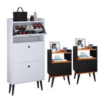 Kit Sapateira Vertical 3 Gavetas Basculantes Dark Branco e 2 Mesinhas Canto Quarto Nicho Decorativo Dream Preto/Cinamomo RPM Kit Sapateira Vertical 3 Gavetas Basculantes Dark Branco e 2 Mesinhas Canto Quarto Nicho Decorativo Dream Preto/Cinamomo RPM