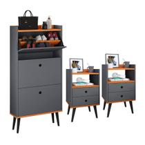 Kit Sapateira Vertical 3 Gavetas Basculantes Dark e 2 Mesinhas Canto Quarto Nicho Decorativo Dream Cinza/Cinamomo- RPM Kit Sapateira Vertical 3 Gavetas Basculantes Dark e 2 Mesinhas Canto Quarto Nicho Decorativo Dream Cinza/Cinamomo- RPM