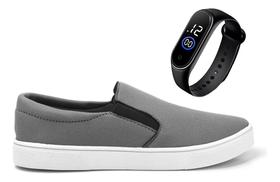Kit Sapatênis Masculino Slip On Preto Com Relogio Led Preto