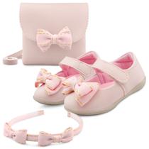 Kit Sapatilha Bebê Menina Infantil Rosa Com Bolsa E Tiara Laço Mzkid