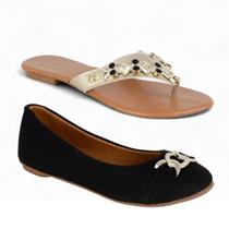 Kit Sapatilha Bico Redondo Feminina e Rasteirinha Casual Macia Preto Bege