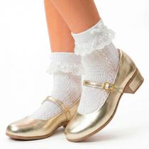 Kit Sapatilha Feminina Salto Baixo Social Festa e Meia Branca com Renda e Pérola