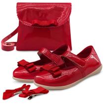 Kit Sapatilha Infantil Bebê Com Bolsa E Presilha Laço Vermelha Gatatuya