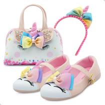 Kit Sapatilha Infantil Gatatuya Menina Unicórnio com Bolsinha e Tiara Laço