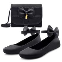 Kit Sapatilha Infantil Menina Boneca Gatatuya Com Bolsa Laço Feminina Preta Kit Sapatilha Infantil Menina Boneca Gatatuya Com Bolsa Laço Feminina Preta