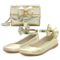 Kit Sapatilha Infantil Menina Festa MzKid Com Bolsa Laço Feminina Boneca Dourada