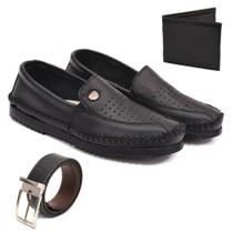 kit Sapatilha Mocassim Masculino Em Courou Com Cinto E Carteira