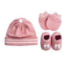 Kit Sapatinho Luva Touca de Tricot Rosa 0 a 3 meses Saída de Maternidade Fio de Amor Baby