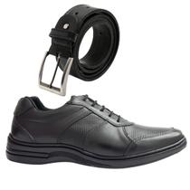 Kit Sapato Confort Ortopédico Social De Couro Cinto Largo 100 Couro 5090 Preto