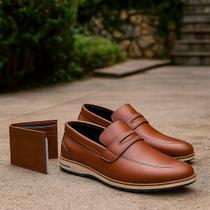 Kit Sapato Couro Masculino Loafer Calce Fácil +Carteira