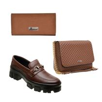 Kit Sapato Loafer Bolsa e Carteira Marrom - Lançamento moda