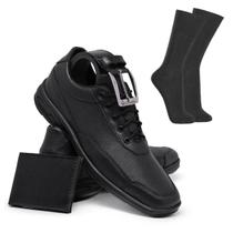 Kit Sapato Masculino Comfort Preto Com Cadarço Solado De Alto Desempenho + Cinto Meia Carteira