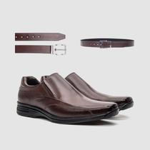 Kit Sapato Masculino de Couro Marrom Com Cinto Casual Premium Artesanal Sofisticação E Estilo Zapattero