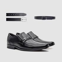 Kit Sapato Masculino de Couro Preto Liso Fivela Com Cinto Sofisticação E Estilo Zapattero