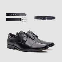 Kit Sapato Masculino Preto de Couro Com Cinto Sofisticação E Estilo Zapattero