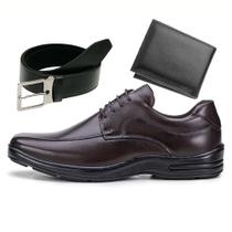 Kit Sapato Social Couro Masculino Sola Borracha Anatomico Antiderrapante Cinto Dupla Face Carteira