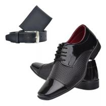 Kit Sapato Social Em Verniz preto de Amarrar Cinto Carteira