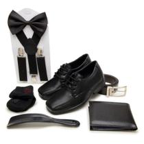 Kit Sapato Social Infantil Suspensorio Gravata Cinto Carteira Calçadeira Meia Pajem Casamento
