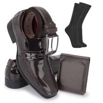 Kit Sapato Social Masculino Loafer Em Verniz Com Fivela Fixa + Cinto Meia E Carteira