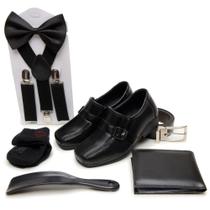 Kit Sapato Social Pajem Casamento Infantil Gravata Borboleta Suspensorio Cinto Carteira Meia e Calçadeira