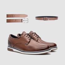 Kit Sapato Urbano Marrom Com Cinto Claro Couro Sofisticado Moderno Funcional Ergonomico Sofisticação E Estilo Zapattero