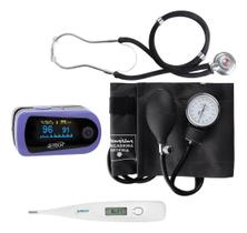 Kit Saúde Profissional Esfigmo Premium Estetoscópio Rappaport Oxímetro Termômetro G-Tech Cor:PRETO