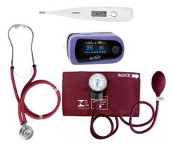 Kit Saúde Profissional Esfigmo Premium Estetoscópio Rappaport Oxímetro Termômetro G-Tech Cor:VINHO