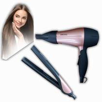 Kit Secador Cabelo Portátil 1200W Bivolt Chapinha Profissional Rosa 50W Bivolt Cabelos Perfeitos em Casa e Viagens