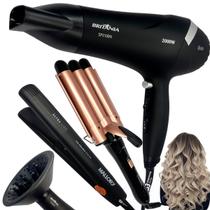 Kit secador de cabelo e difusor cachos e modelador ondas e prancha ion