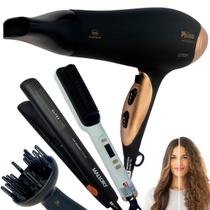 Kit secador de cabelo profissional e prancha ion e escova bivolt