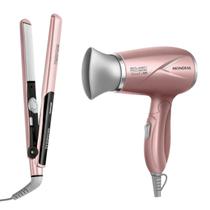 Kit Secador de Cabelos Travel + Prancha Alisadora Bivolt Golden Rose Tourmaline Íon Cerâmica Mondial