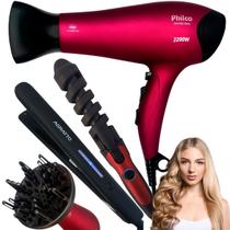 Kit Secador Philco 2200W Bivolt com Difusor Prancha 230C Modelador 32mm
