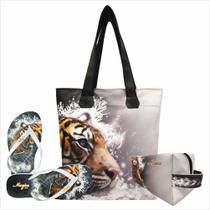 Kit Selva Feminino Tigre com Bolsa, Necessaire e Chinelo, Magicc