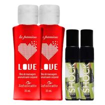 Kit Sensual: 2 Óleo Spray Shock Plus Menta + 2 Óleo Beijável Love Hot Morango