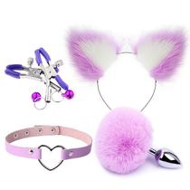 Kit Sensual Fetiche Coelho com Plug Ana Tiara Coleira Prendedor Grampos de Mamilos