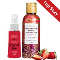 Kit Sensual: Lubrificante À Base De Água Secret Sexy + Óleo Massagem Beijável Sensual Morango