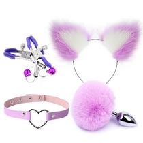 Kit Sensual Plug Anal em Aço Pompom Tiara Gatinha Sex Shop - SI