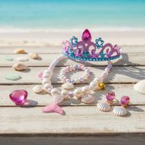 Kit Sereia Colar Pulseira Brincos Anel e Coroa Sereia Infantil Acessórios Fundo do Mar Conchas Kit Sereia Colar Pulseira Brincos Anel e Coroa Sereia Infantil Acessórios Fundo do Mar Conchas
