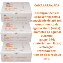 KIT Seringa Ultra Fina 1ml 6mm X 0,25mm 3 Caixas C/ 100 Unidades Agulha fixa ENVIO JÁ