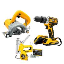 Kit Serra Mármore 4.3/8 110mm 1040W, Parafusadeira Furadeira De Impacto 21v e Grampeador Manual
