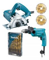 Kit Serra Mármore E Furadeira Makita Profissional Com Discos E Brocas Titânio 220v