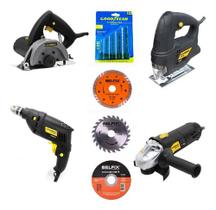 Kit Serra Marmore + Tico Tico + Esmerilhadeira + Furadeira Acessorios