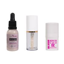 Kit Serum Facial, Blush Sunset e Gloss Cristal Transparente Aplique o Sérum Facial pela Manhã e à Noite Aplique o Blush nas Maçãs do Rosto