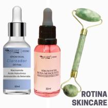 Kit Serum Facial Vitamina + Sérum Rosa Mosqueta Clareador Manchas + Massageador Jade